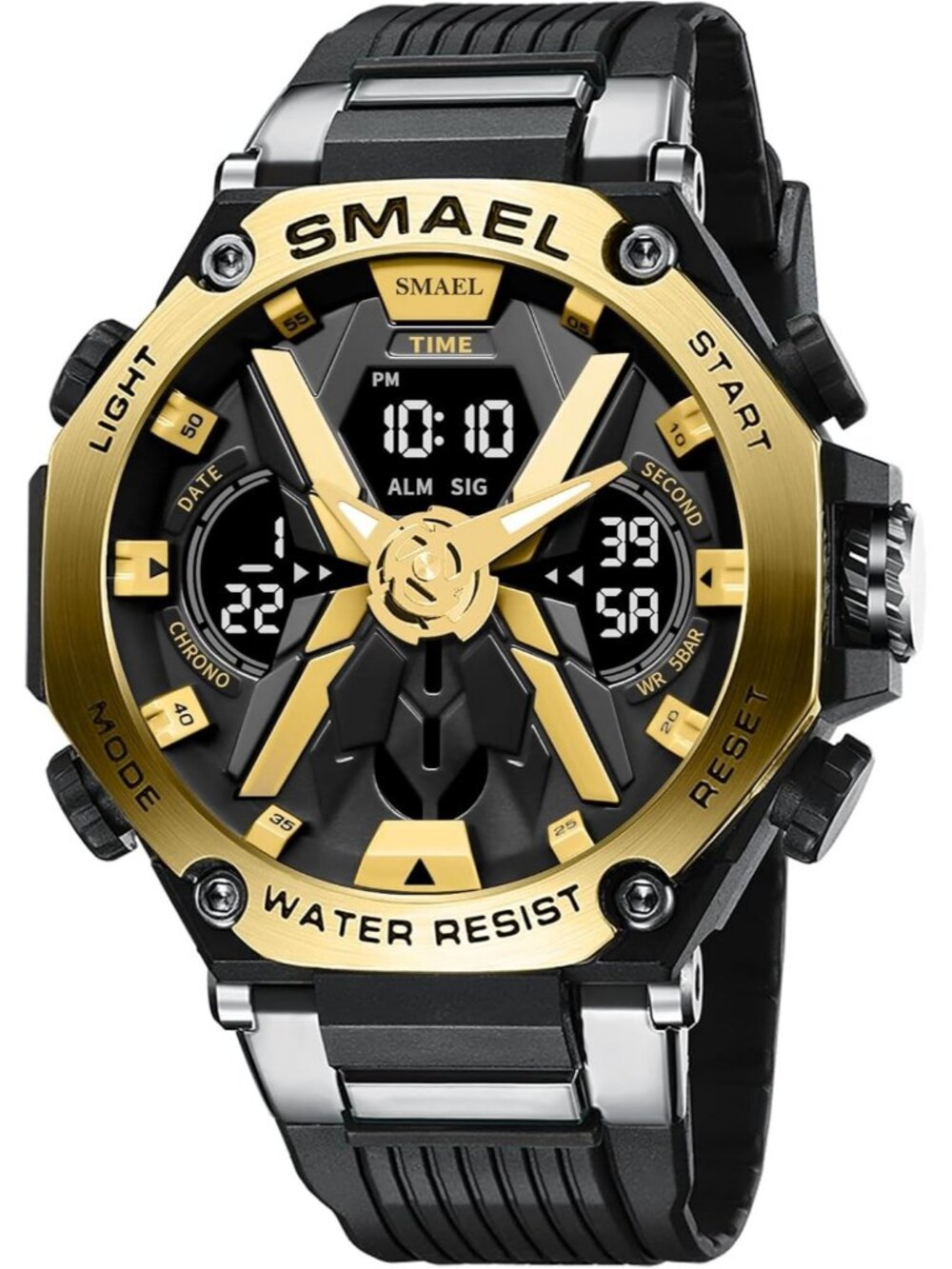 Mens Black Gold Analog Quartz Sports Waterproof Military Alarm LED Digital Watch